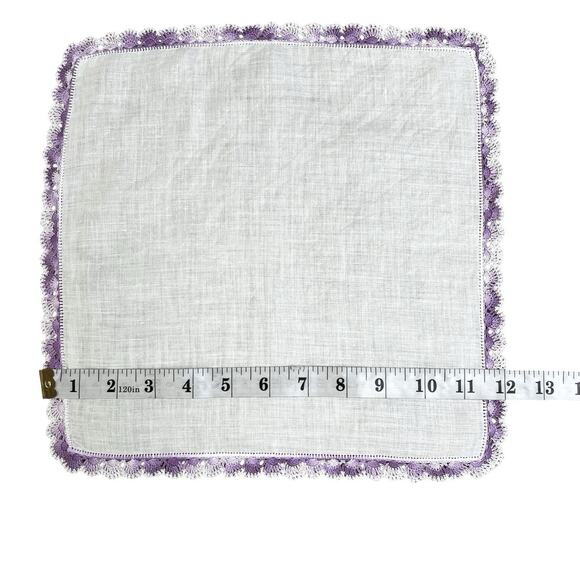 Vintage White Handkerchief Scalloped Edge Purple Crochet Trim Hankie 12x12 - Picture 9 of 9